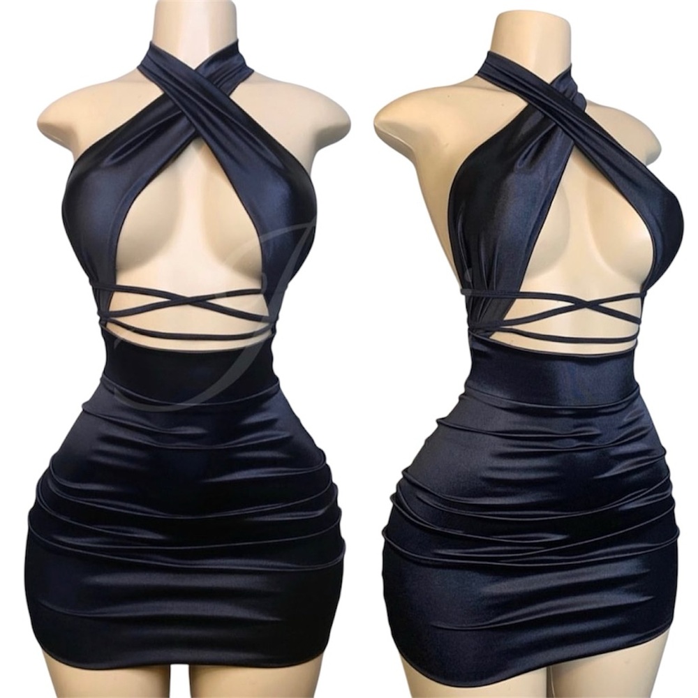 Sexy cross neck lace up black mini dress